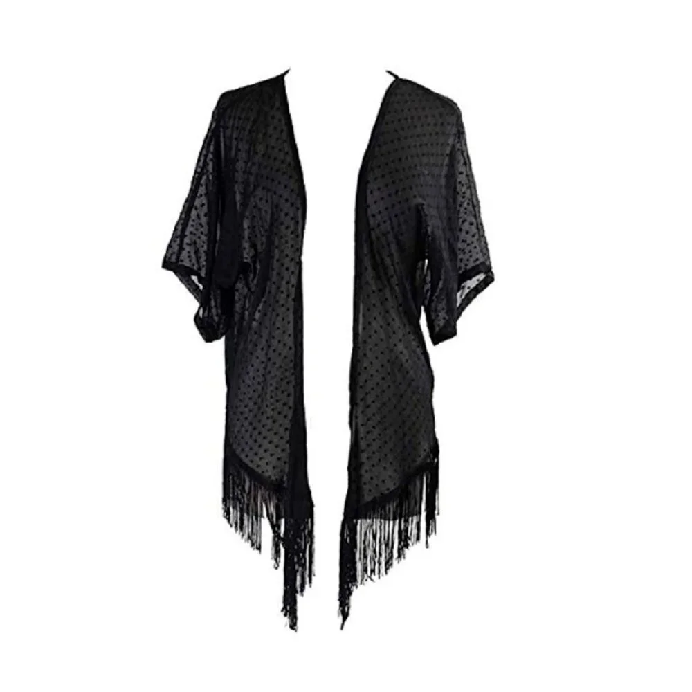 Cejon Solid Swiss Dot Fringe Cover Up in Black